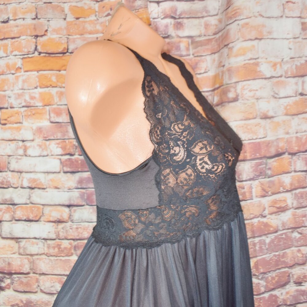 Shadowline Medium Black Full Sweep Silky Nylon Nightgown Olga esque W Lace Vtg - Picture 11 of 12